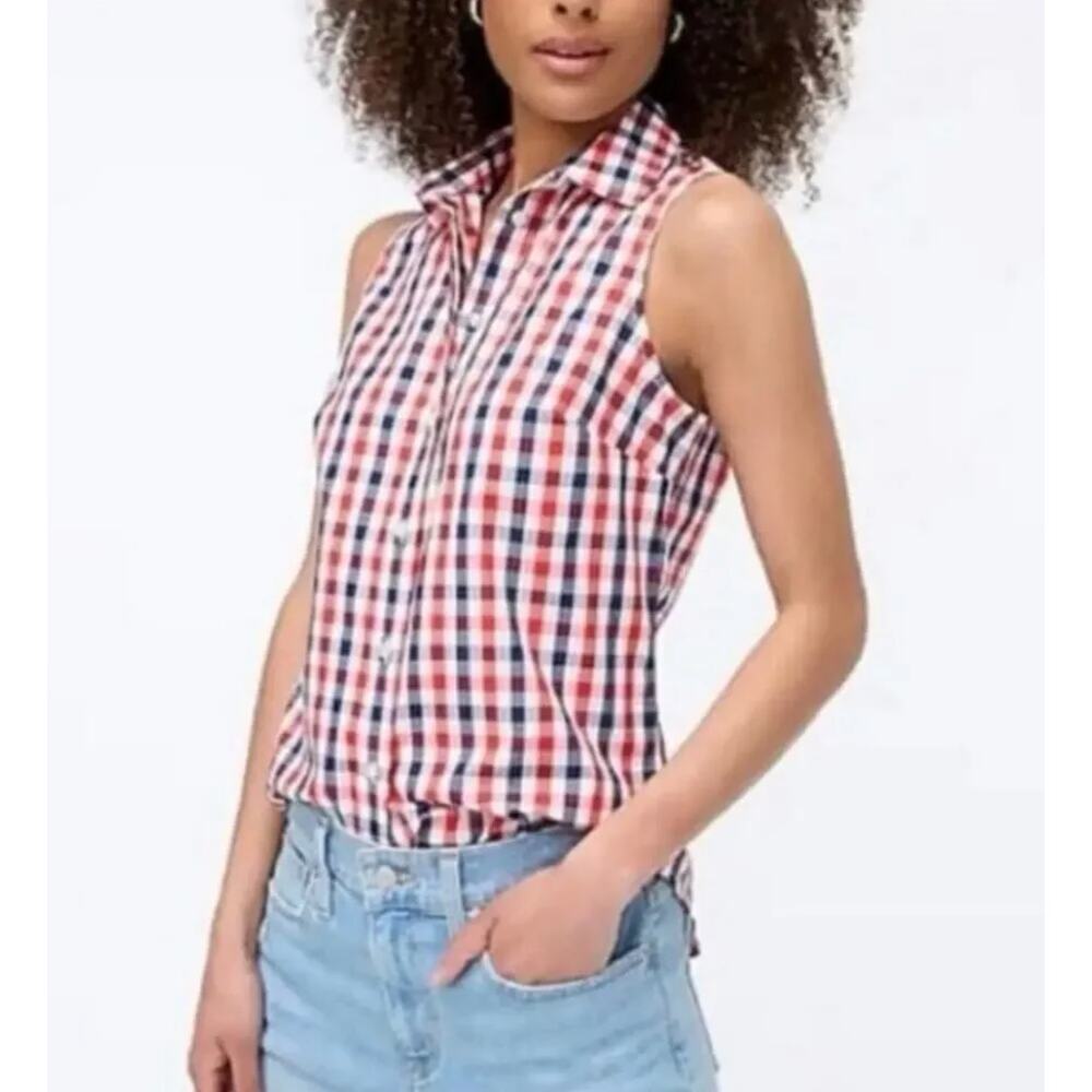 J. Crew Sleeveless Cotton Poplin Top Signature Fit Red White Blue BI366 Size PL